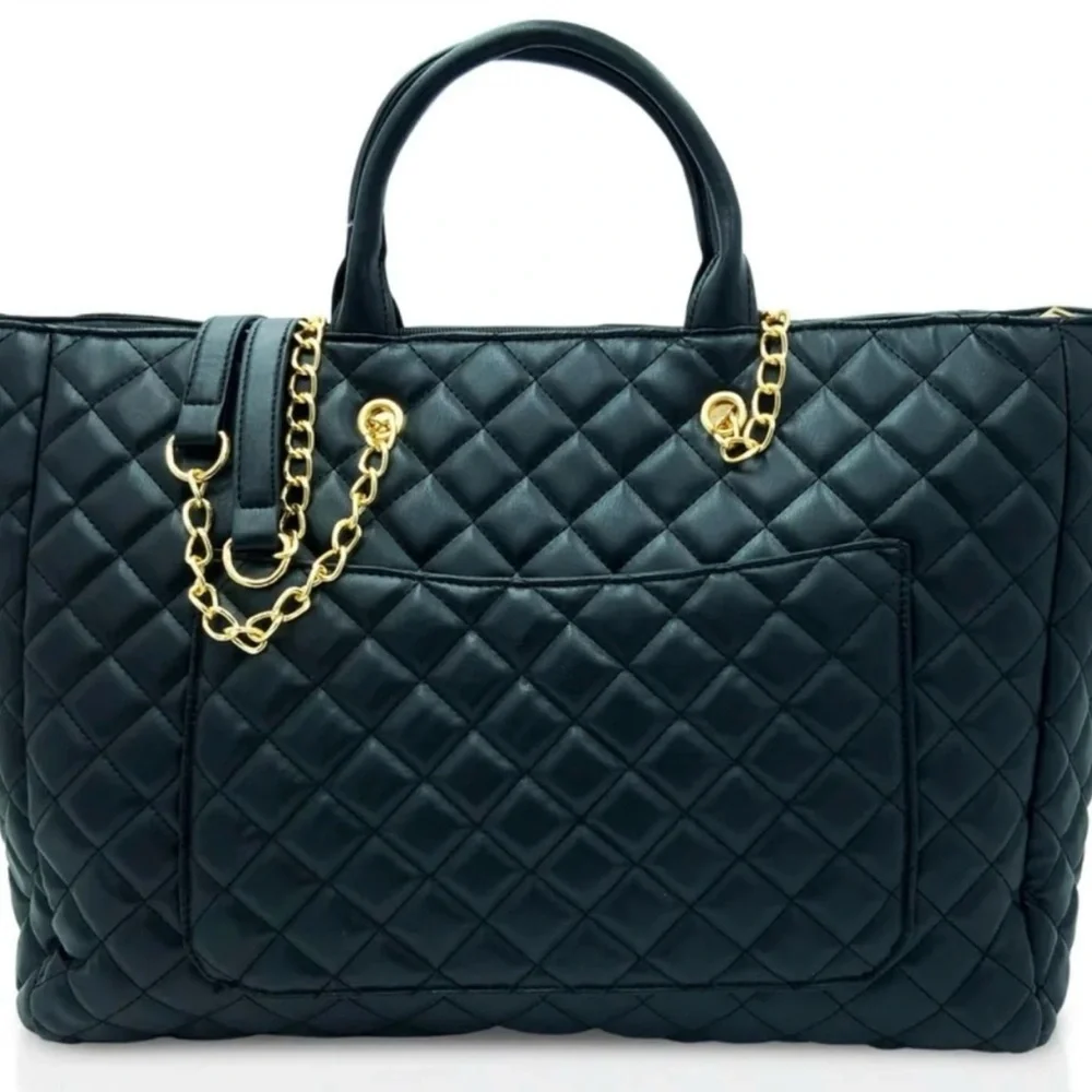 Quilted Dark Green Tote with Gold Chain Accents